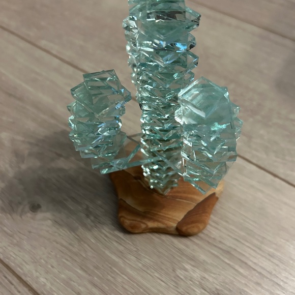 3 Arm Stacked Glass Cactus 7” H w/ a 4” Wooden Base - Picture 1 of 4